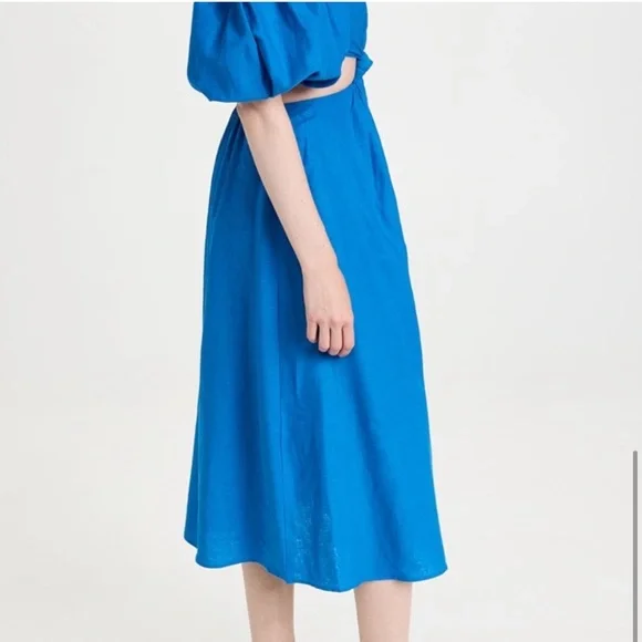 FARM Rio Blue Off-Shoulder Linen Midi Knot Dress Cutout Size L NWT - Picture 5 of 11